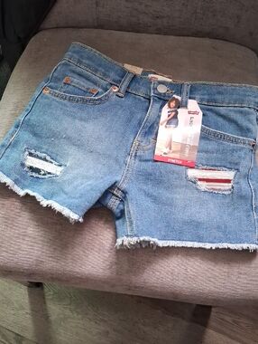 Levi's Light Blue Distressed Denim Cutoff Shorts with Flag Details
